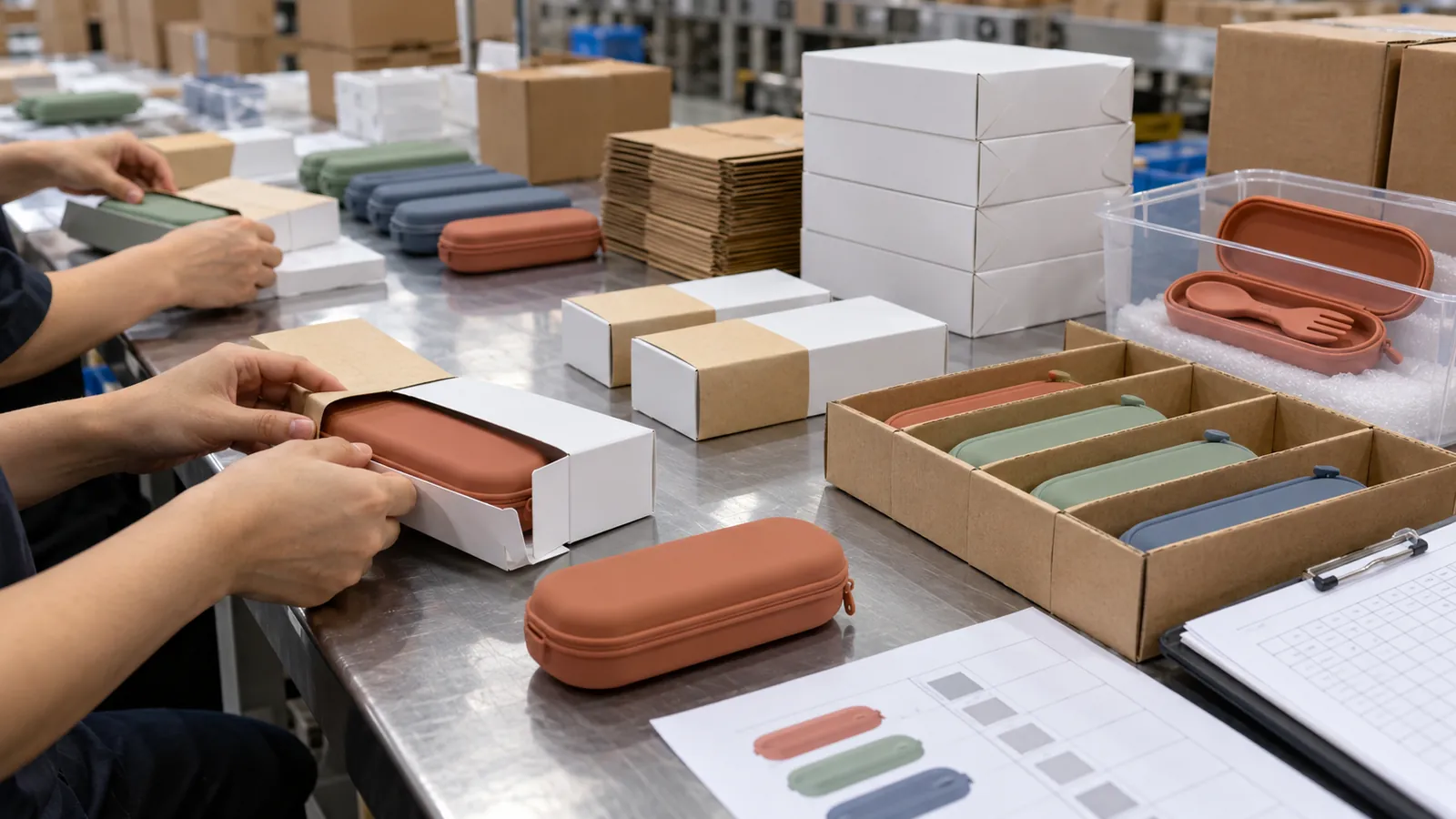 Muted-color silicone baby utensil travel cases arranged for plain private-label retail packaging