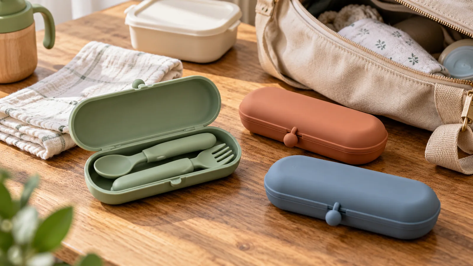 Open sage silicone baby utensil travel case with spoon and fork beside terracotta and blue closed cases