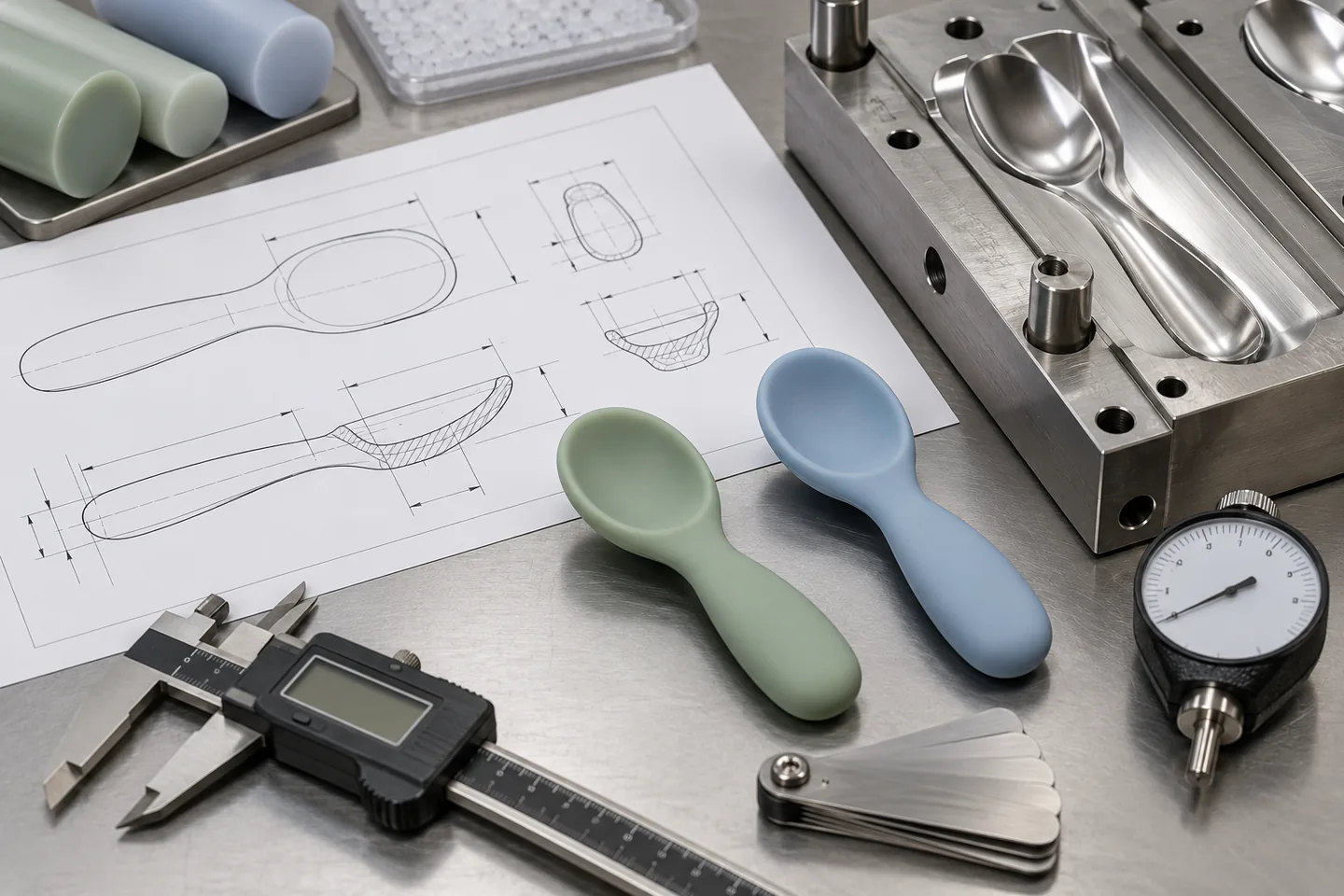 Spoon Geometry and Tooling Review Baby weaning spoon prototype beside caliper section drawing and silicone mold tooling