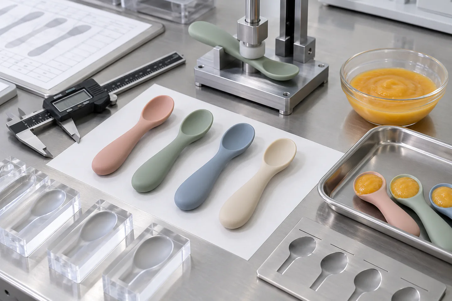 Flex, Scoop and Dimensional Validation Custom silicone weaning spoon undergoing flex scoop volume and dimensional validation