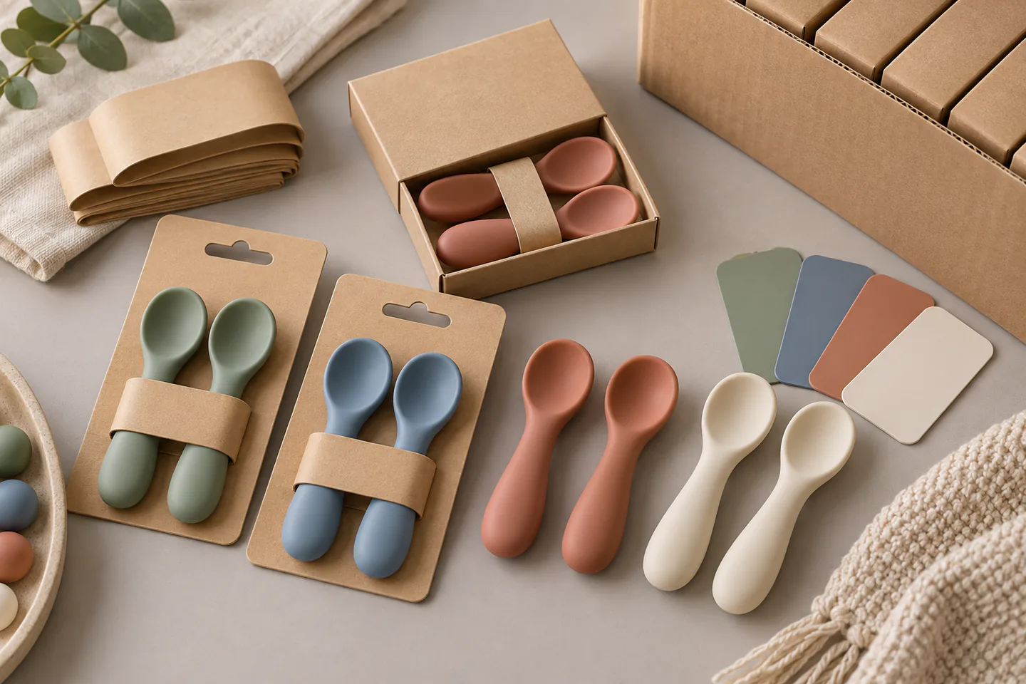 Private-Label Set and Packout Colorful silicone baby weaning spoon sets with blank private-label retail packaging