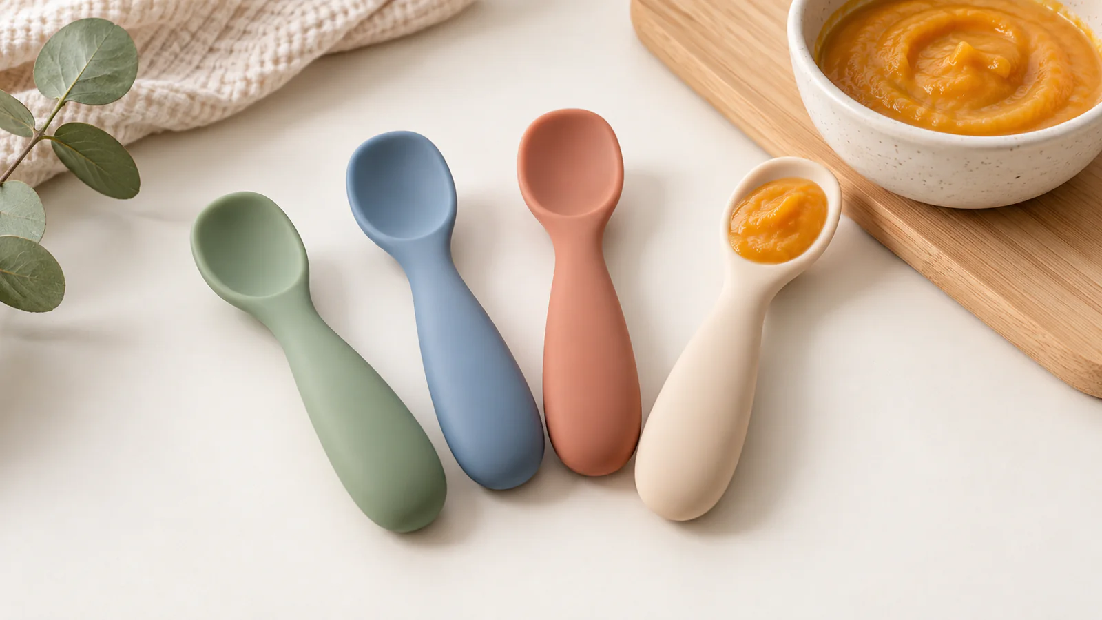 Custom silicone baby weaning spoons in coordinated sage sand terracotta and blue colors