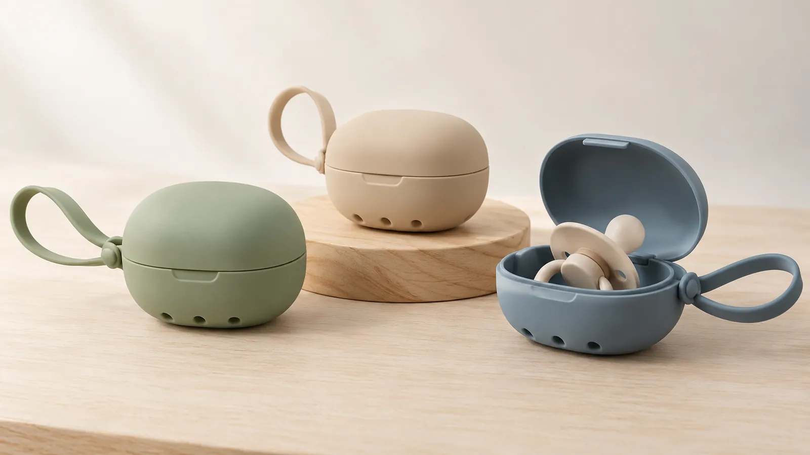 Three matte silicone pacifier cases in sage, sand and dusty blue with one case open around an unbranded pacifier
