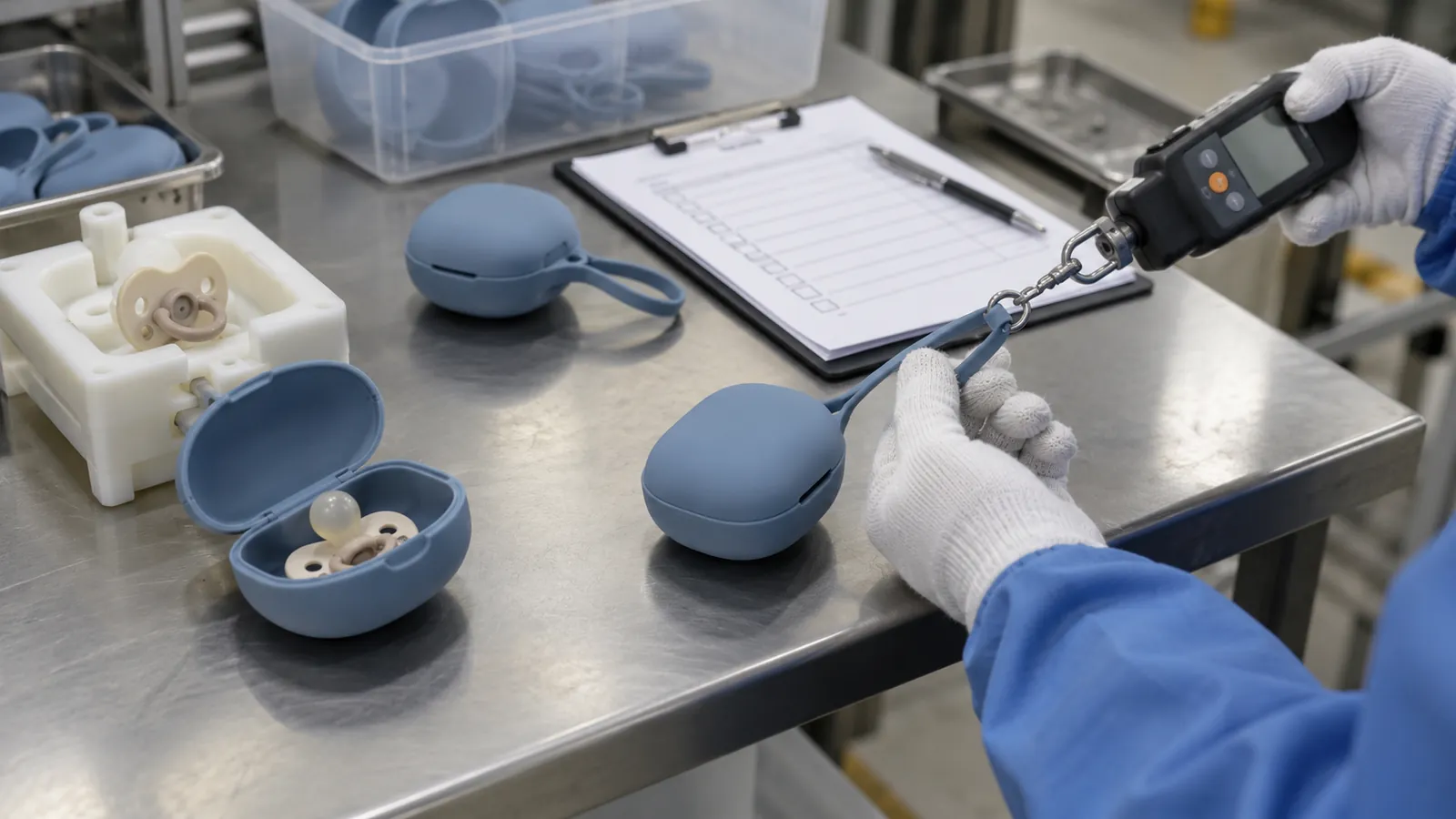 Technician using a pull gauge to evaluate the flexible strap of a dusty blue silicone pacifier case on a factory QC bench