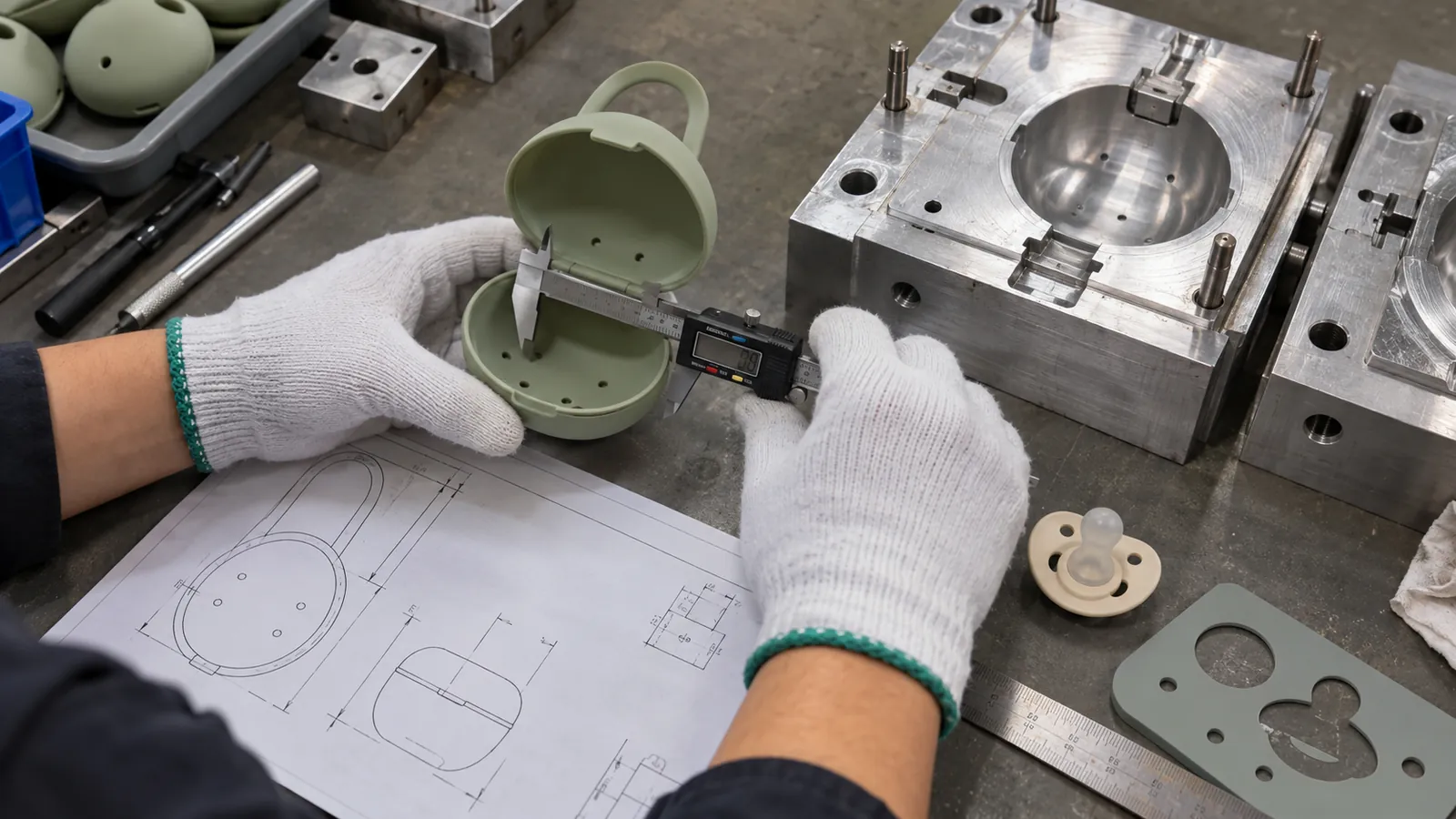 Gloved engineer measuring an open sage silicone pacifier case beside aluminum tooling and a dimensional drawing