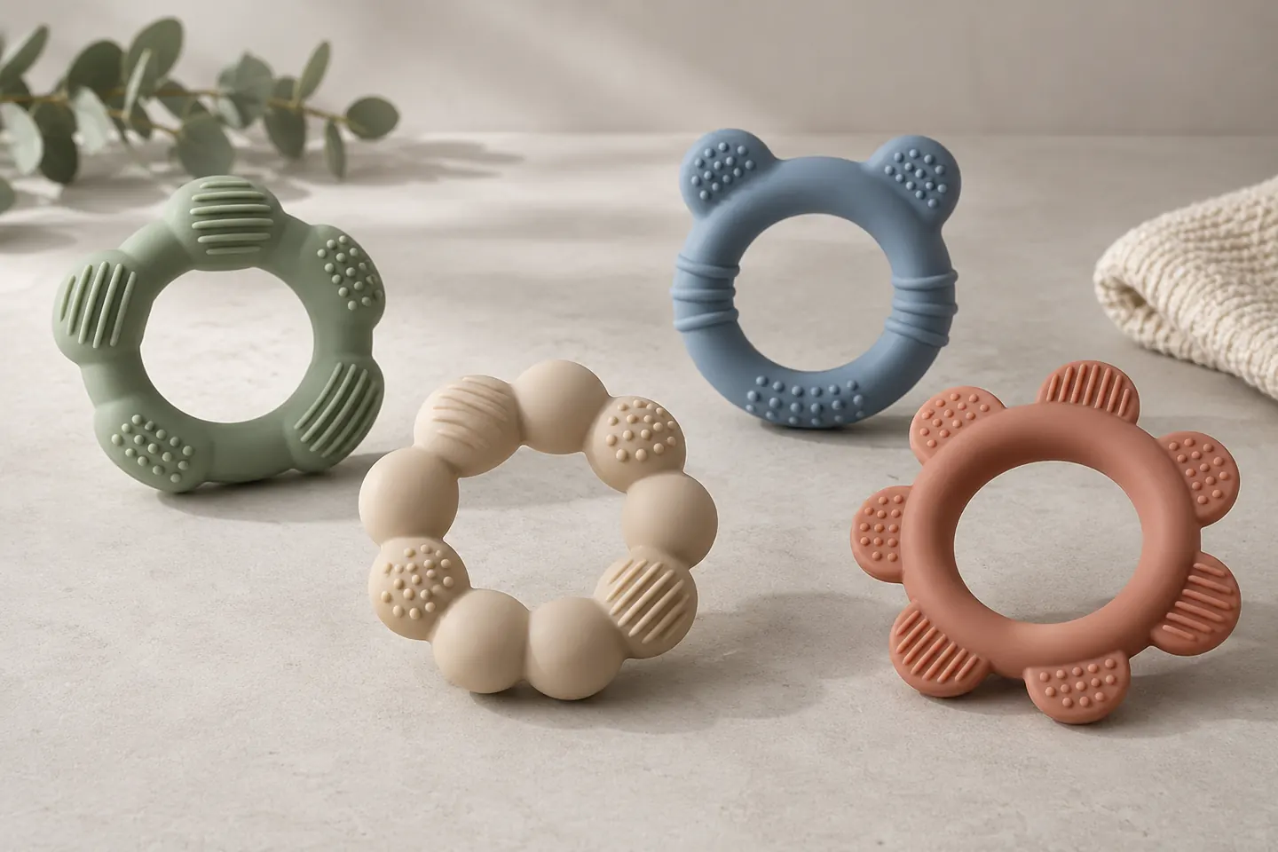 Four custom silicone teething rings with distinct grip shapes and tactile zones