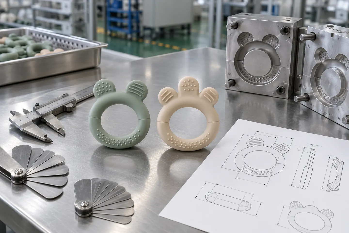 Silicone teething ring prototypes with drawing gauges and compression tooling
