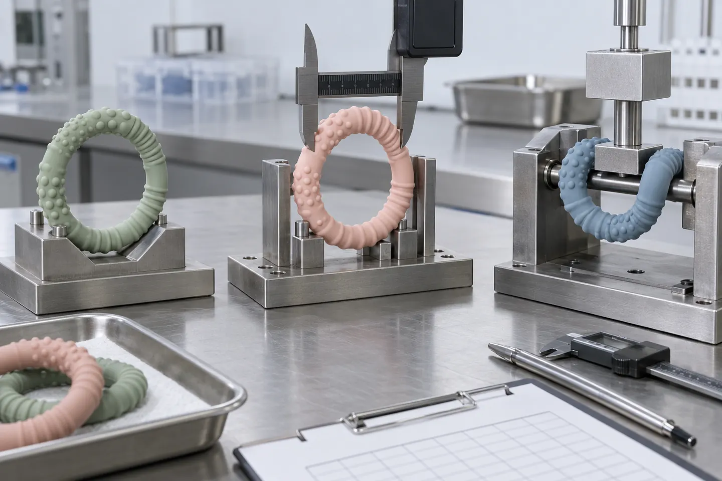 Controlled dimensional and flex validation fixtures for silicone teething rings