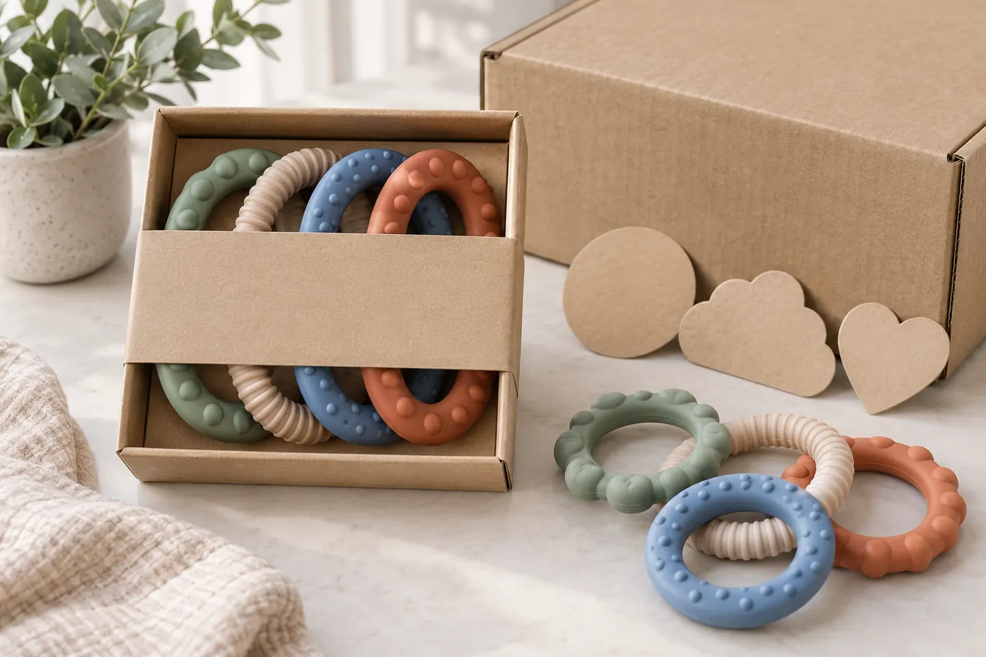 Coordinated silicone teething ring set with blank kraft retail packaging