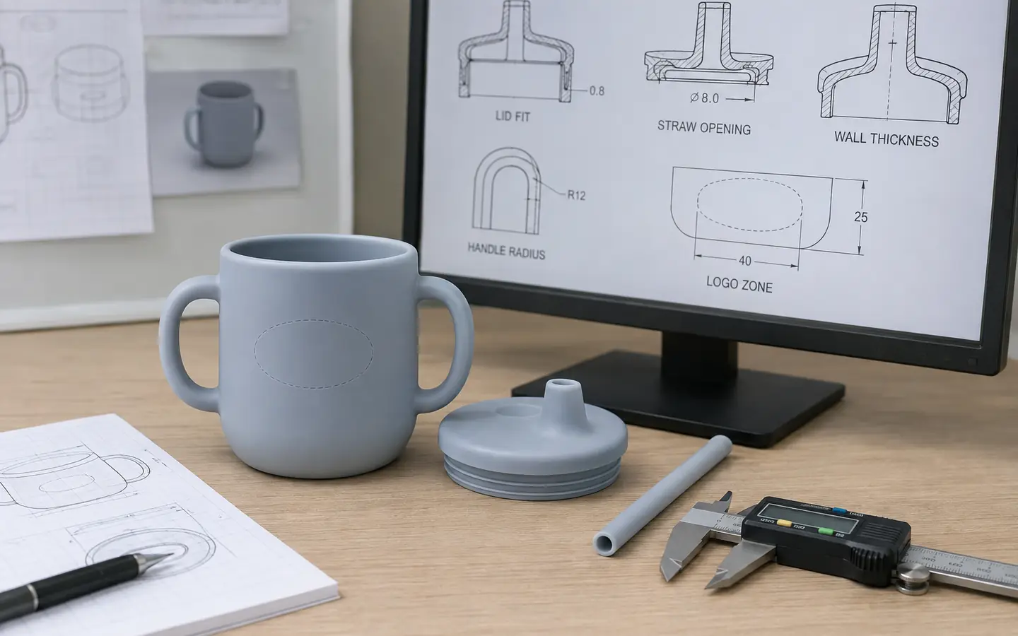 Custom silicone training cup sectional drawing and DFM review