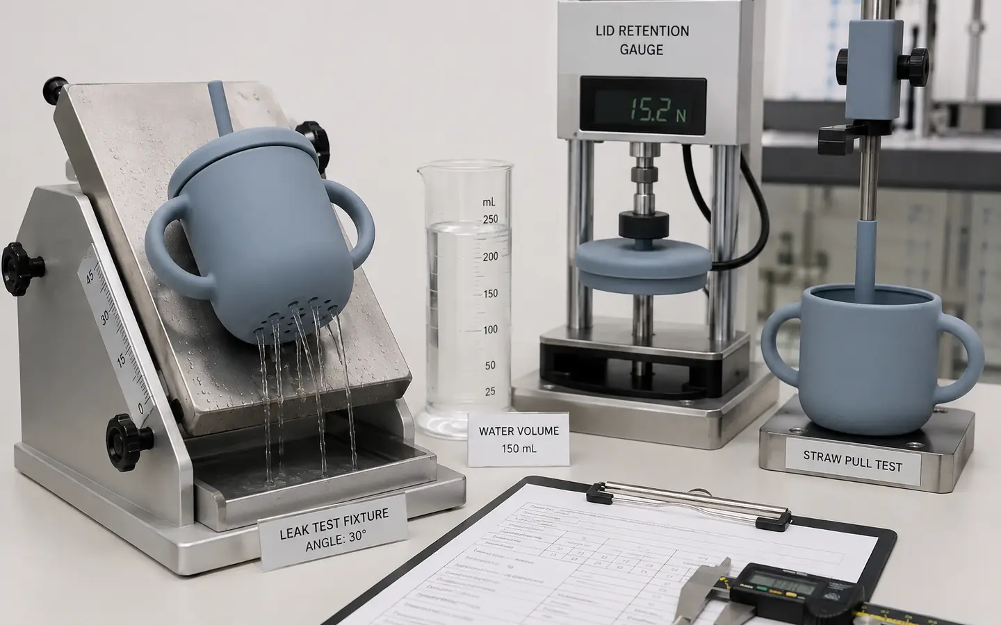 Silicone training cup lid retention leak orientation and straw pull validation