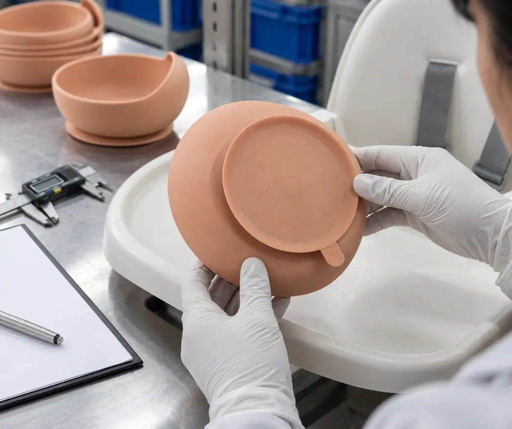 Gloved quality technician examines the underside suction base and release tab of a silicone bowl