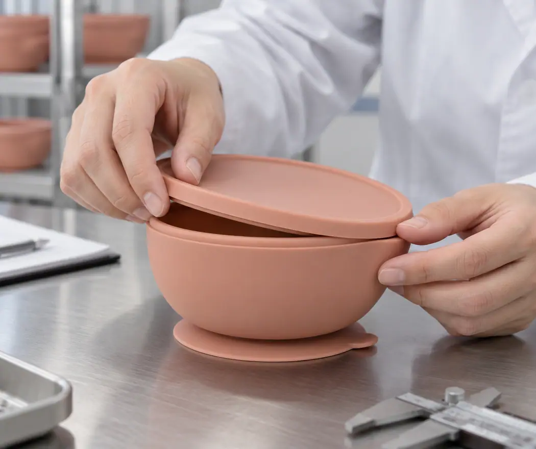 Engineer aligns a dusty apricot silicone lid with the rim of a suction bowl