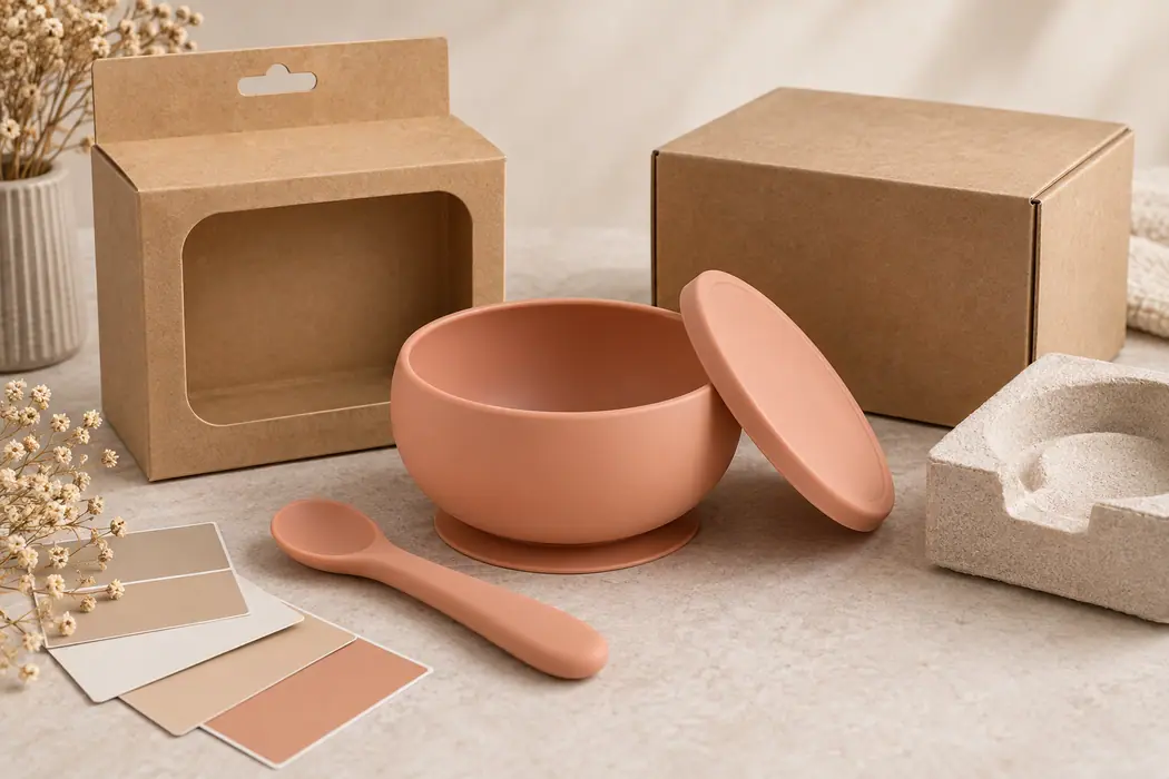 Silicone suction bowl lid and spoon with blank kraft package and neutral color chips