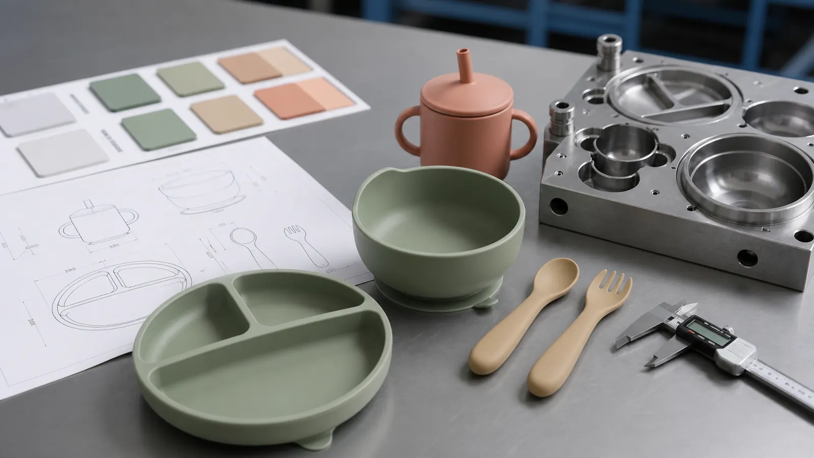 Custom silicone children's tableware with CAD drawings, color samples and precision mold tooling