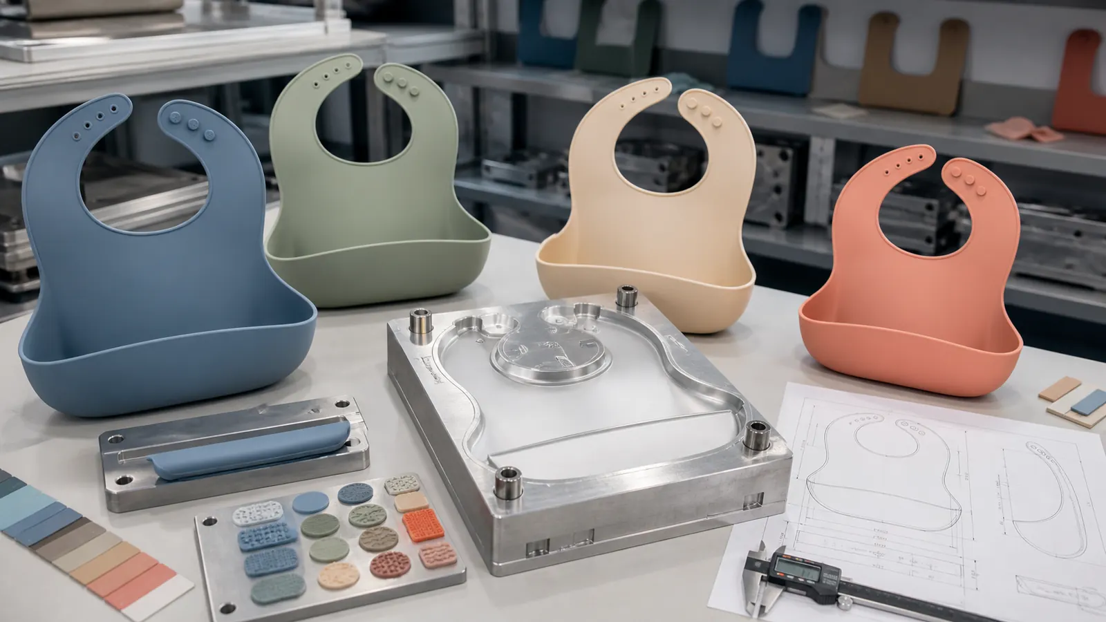 Custom silicone baby bib prototypes with technical drawings and compression mold development