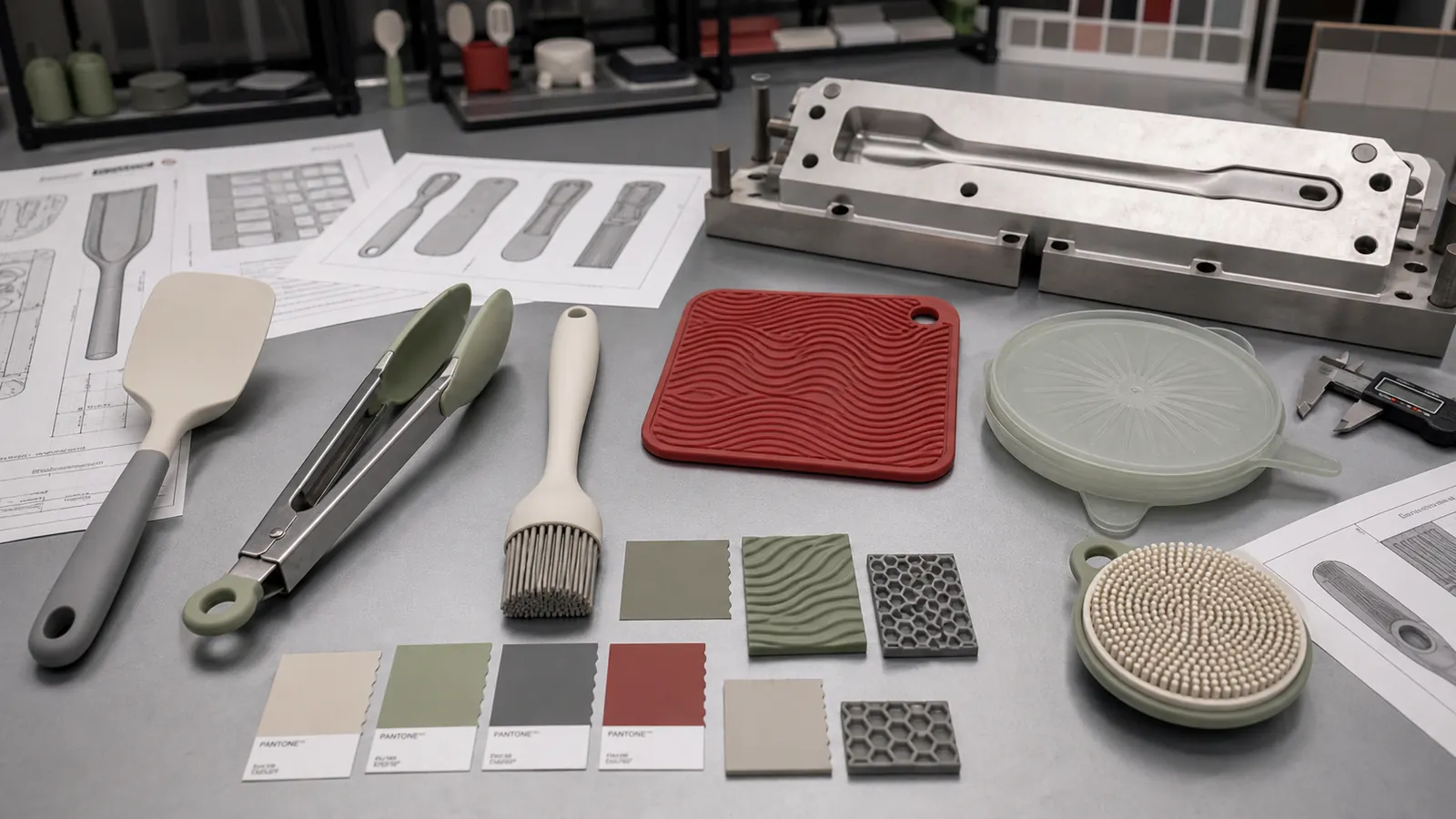 Custom silicone kitchen and home essentials with design drawings and mold inserts