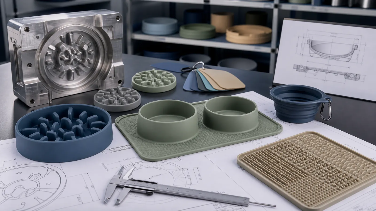 Custom silicone pet feeding products with bowl prototypes, engineering drawings and mold tooling