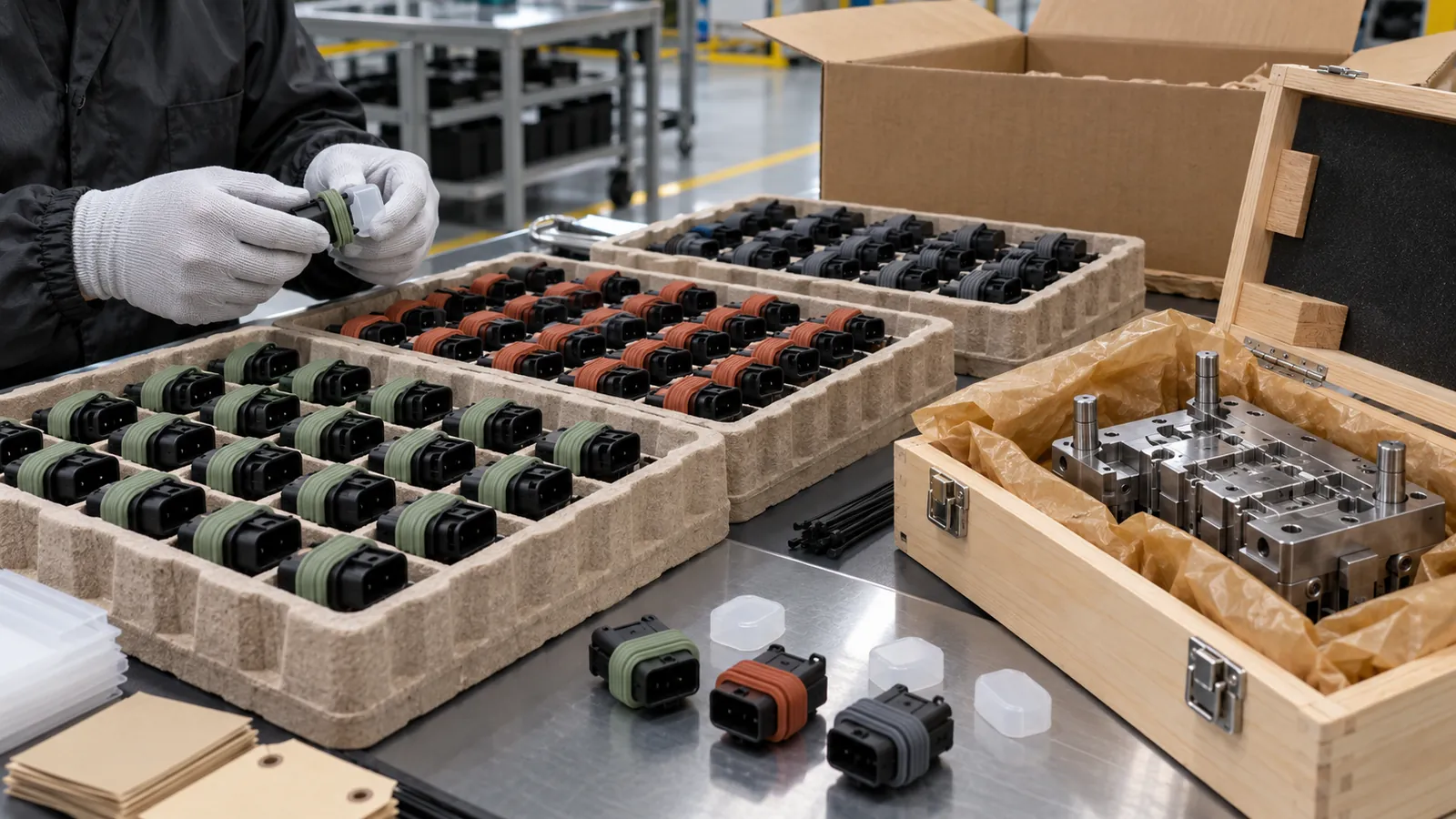 Cavity-Controlled Pack-Out Color-separated overmolded connector seals in protective trays beside a preserved production tool