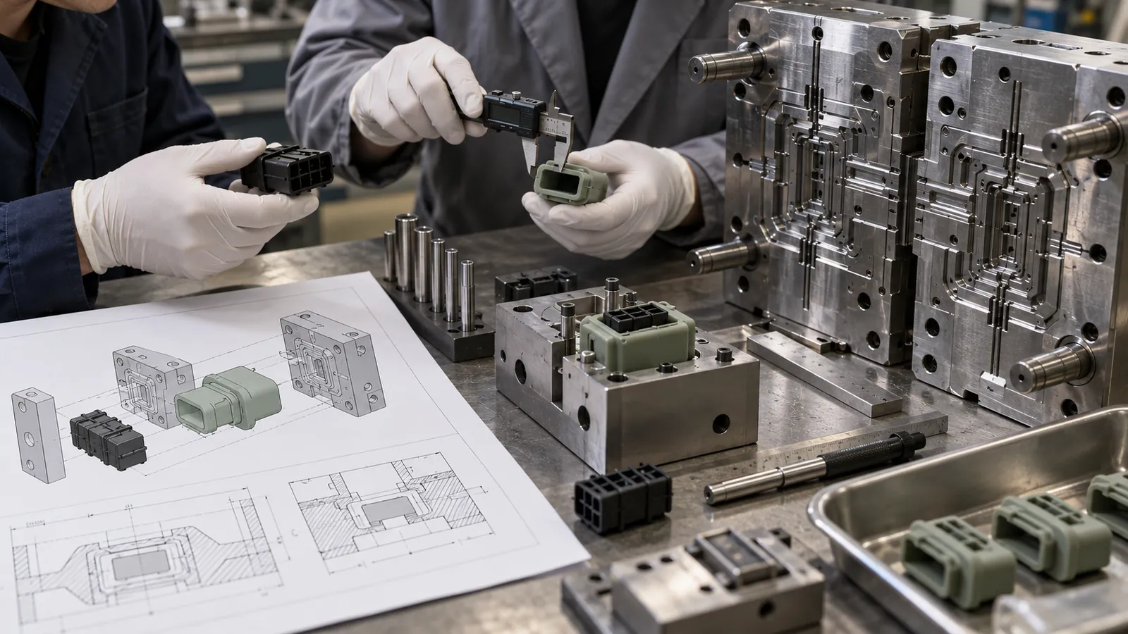 Insert Location and Shutoff DFM Engineers measuring connector inserts and silicone overmolded seals beside an open precision tool