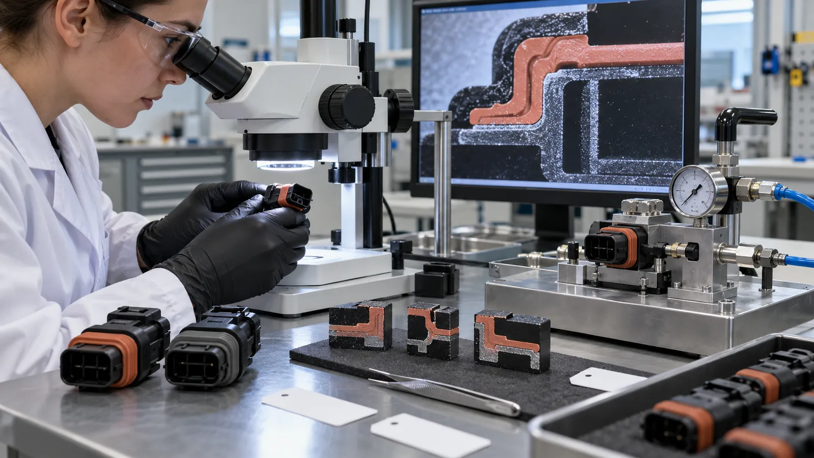 Interface and First-Article Validation Technician examining sectioned connector seal overmolds and a controlled fixture in a quality laboratory