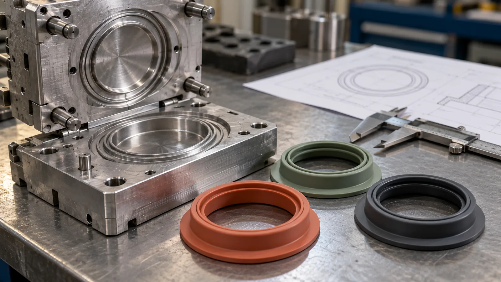 Open aluminum prototype mold beside terracotta sage and charcoal silicone gasket first articles