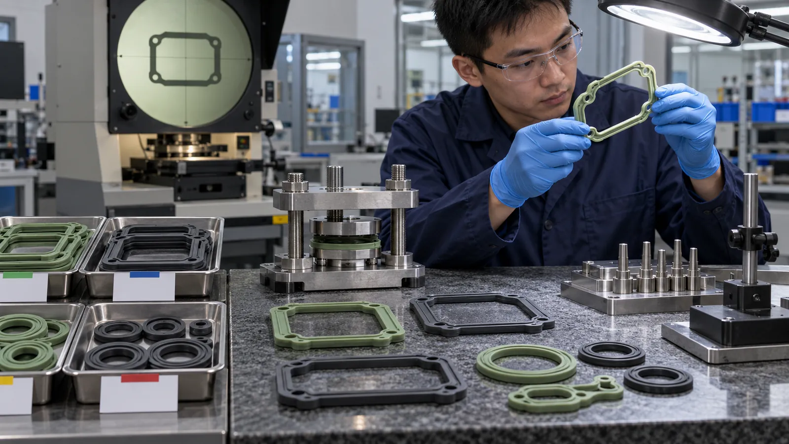 Quality technician inspecting silicone gasket prototypes with dimensional and compression fixtures