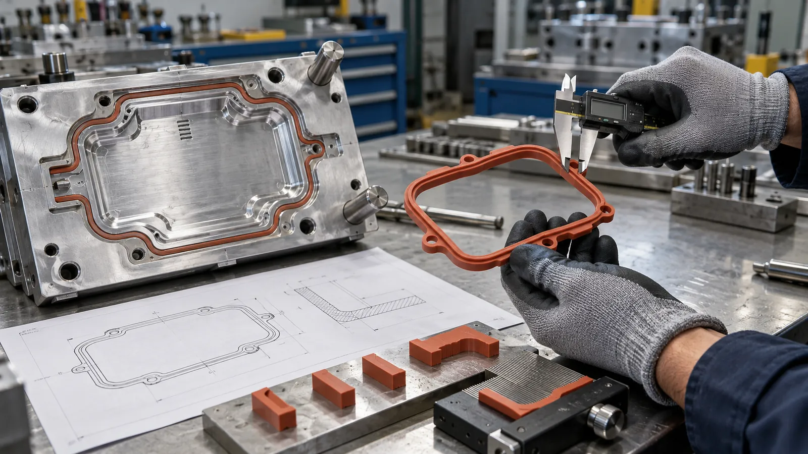 Gloved engineer measuring a silicone gasket first article beside its aluminum prototype mold