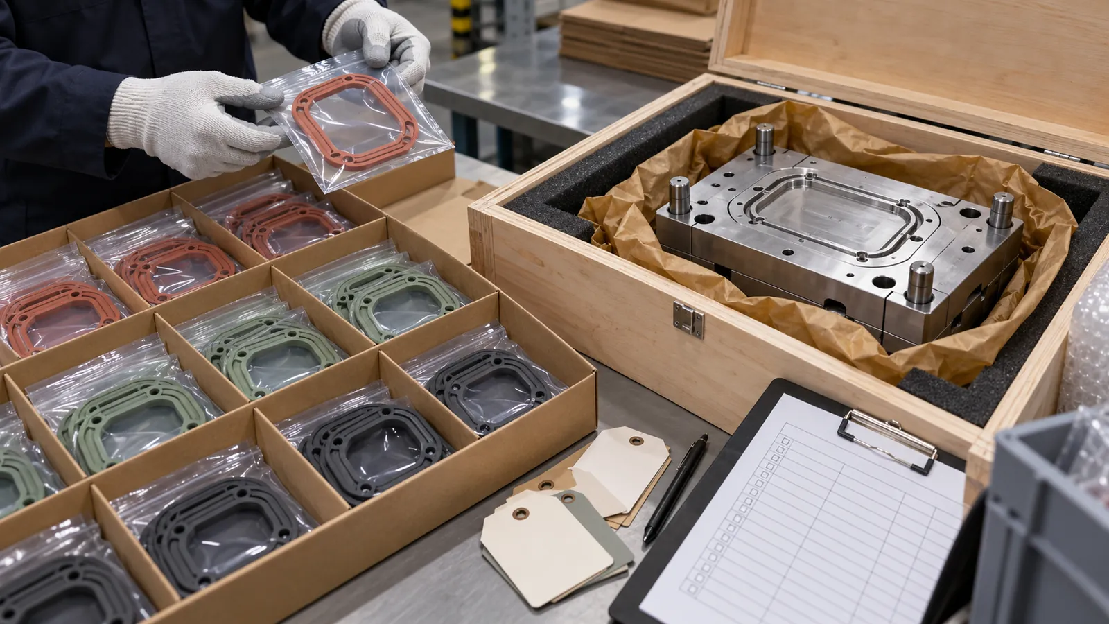 Protected silicone gasket samples and aluminum prototype mold prepared in compartmented export packaging