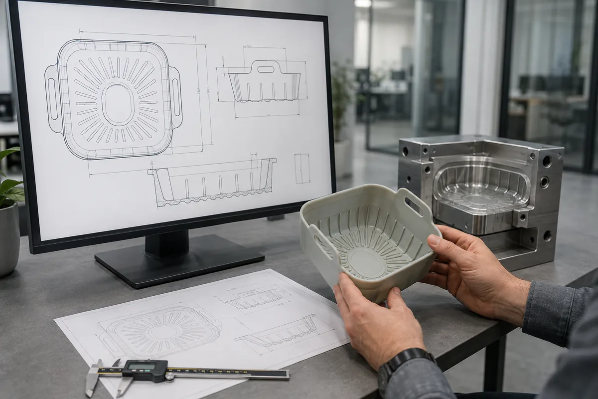 Custom silicone air fryer liner CAD drawing prototype and compression mold review