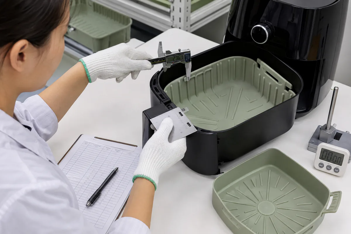 Dimensional fit inspection for a custom silicone air fryer basket liner