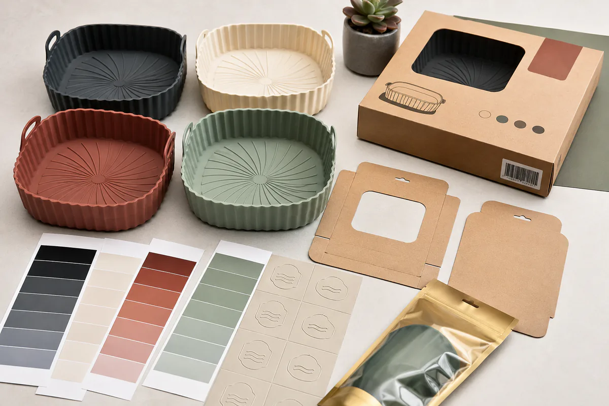 Private-label silicone air fryer liner colors branding and retail packaging approval