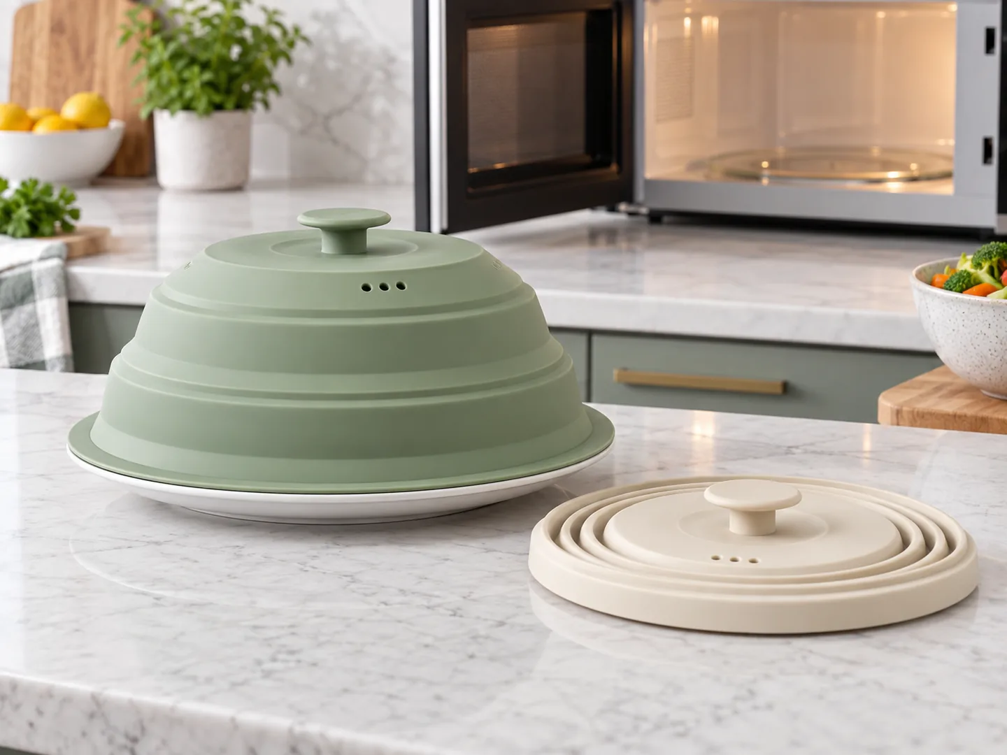 Sage custom collapsible silicone microwave splatter cover expanded over a dinner plate with a cream cover collapsed flat