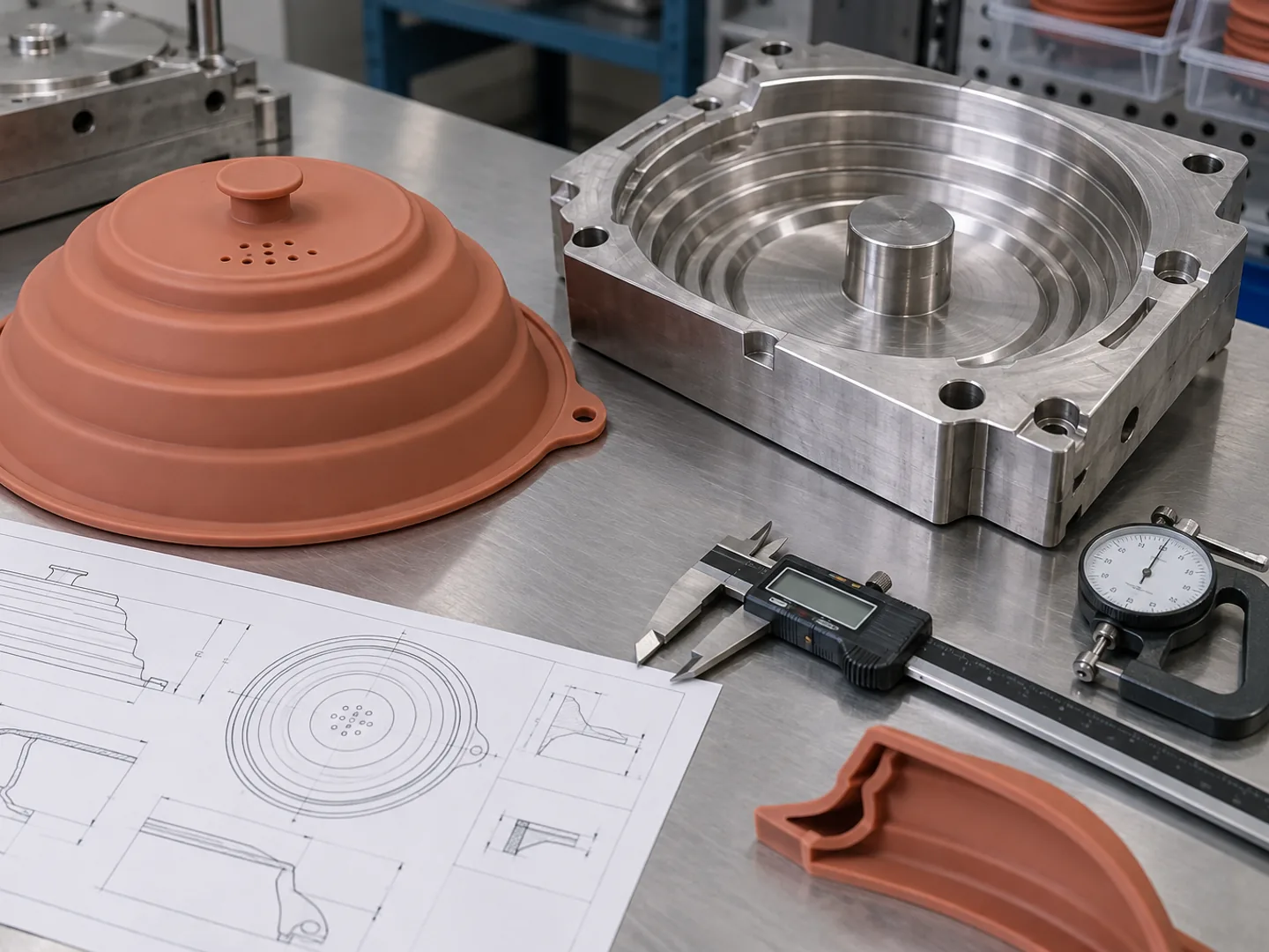 Terracotta silicone microwave cover prototype beside mold tooling and dimensional inspection equipment
