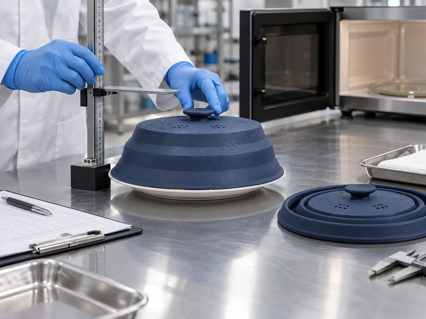 Technician checking expanded height and collapse recovery of a navy silicone microwave splatter cover