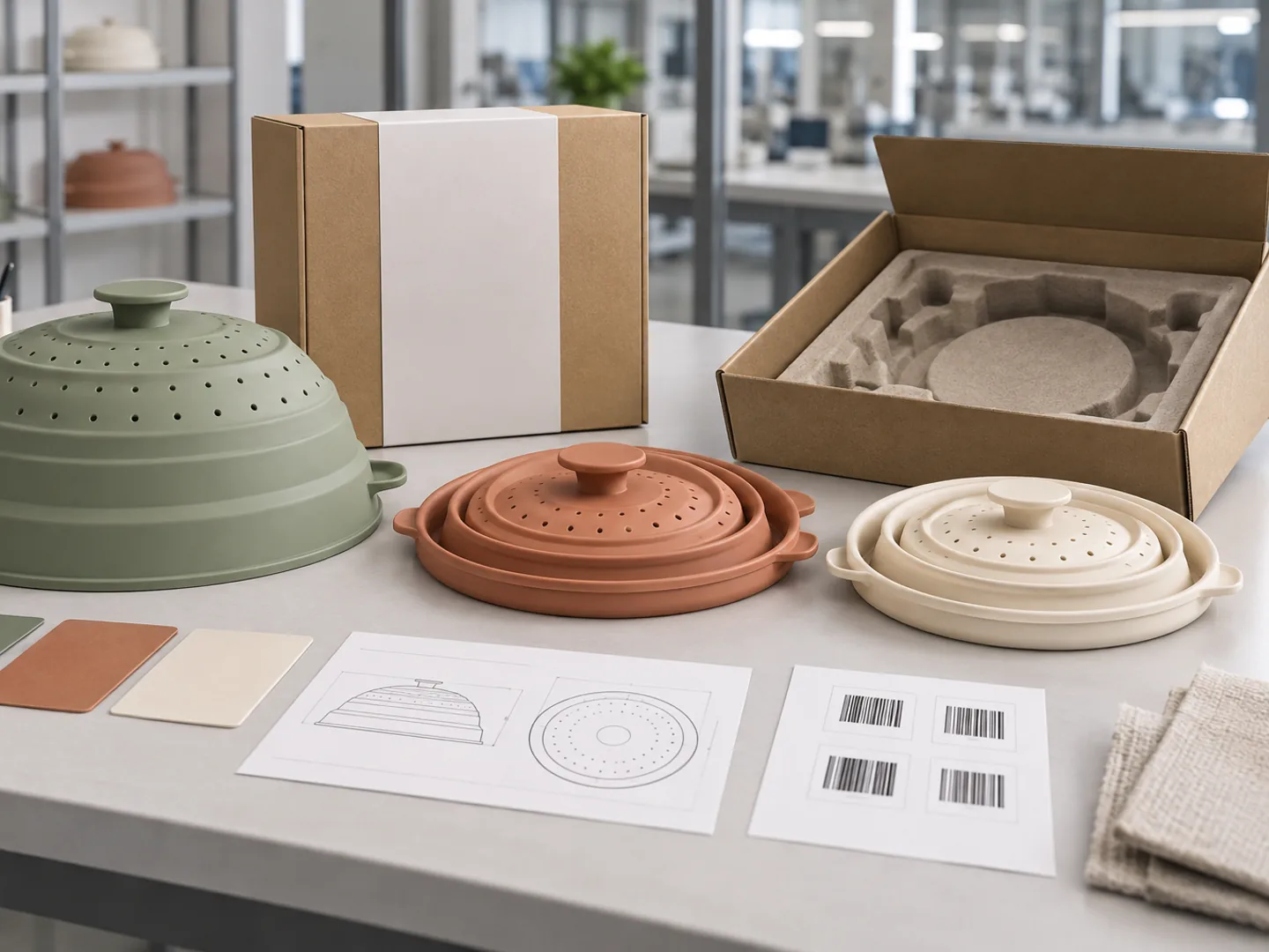 Sage terracotta and cream collapsible silicone microwave covers with blank private-label packaging