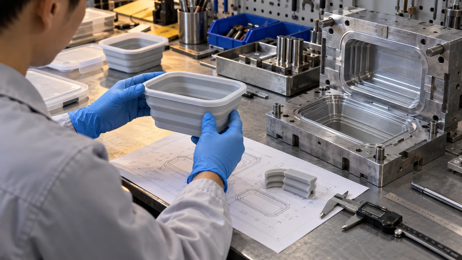 Fold Geometry, DFM and Tooling Review Technician reviewing collapsible silicone container prototype and mold