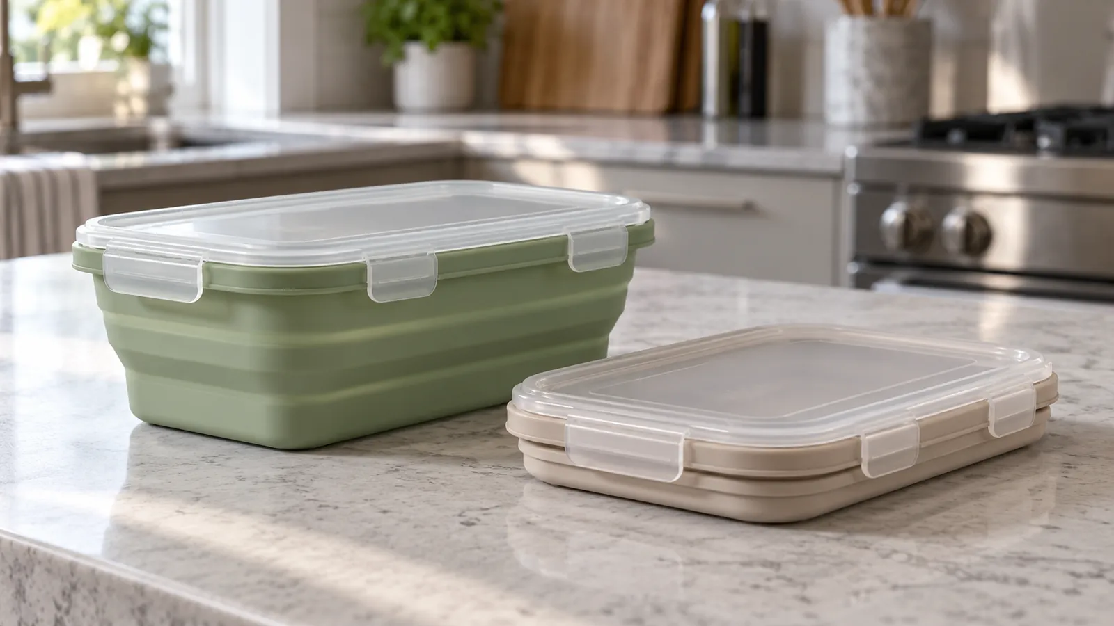 Custom collapsible silicone food container shown open and folded flat