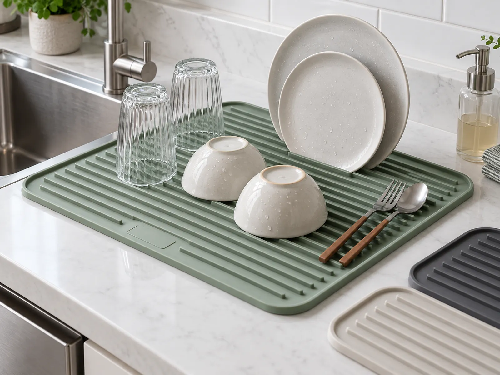 Sage custom silicone dish drying mat beside a kitchen sink with plates and glasses