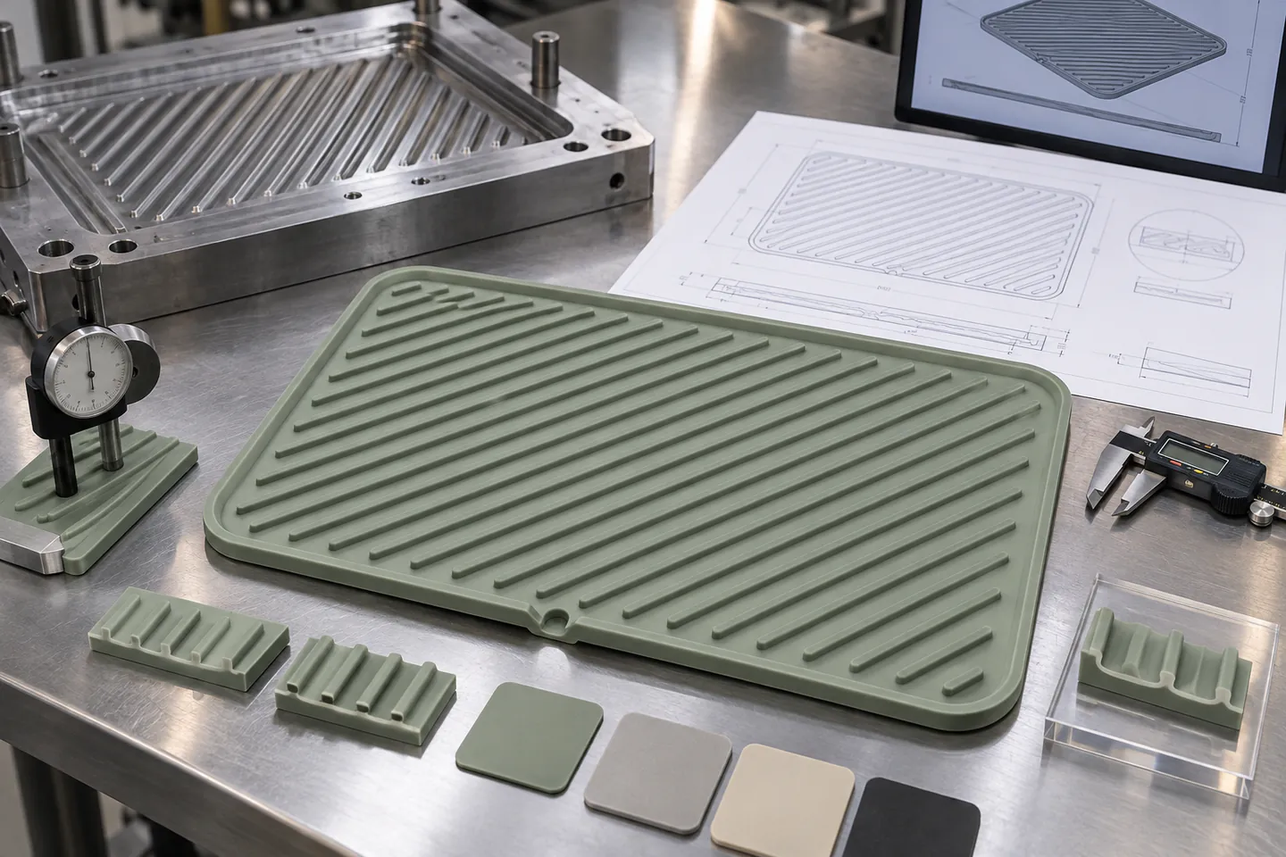 Dish Mat DFM and Tooling Review Silicone dish drying mat with tooling drawing caliper and rib section samples