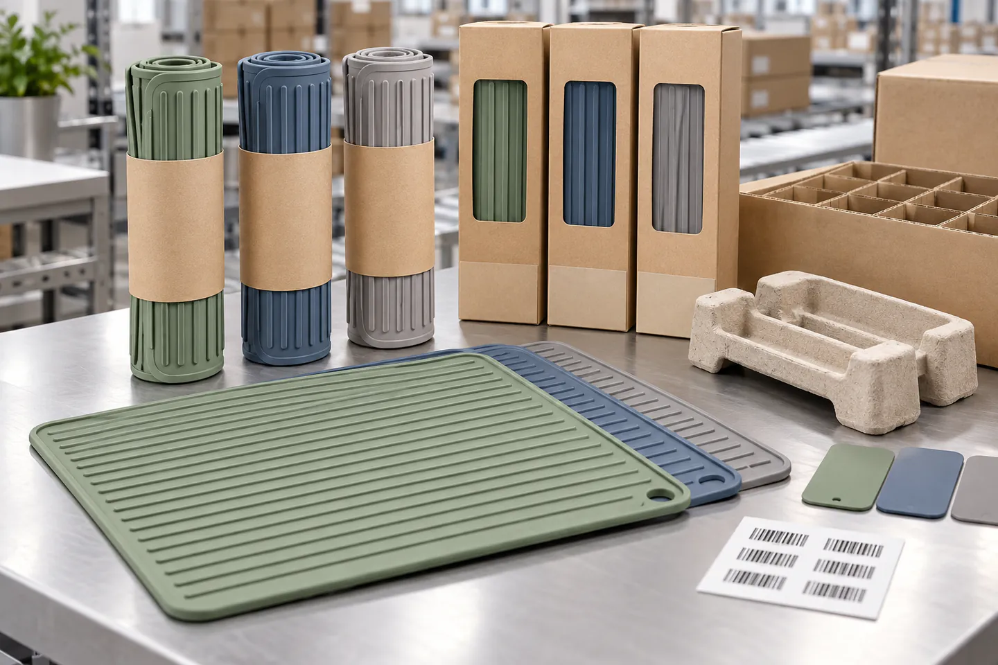 Private-Label Dish Mat Packout Sage blue and gray silicone dish drying mats with private-label kraft packaging