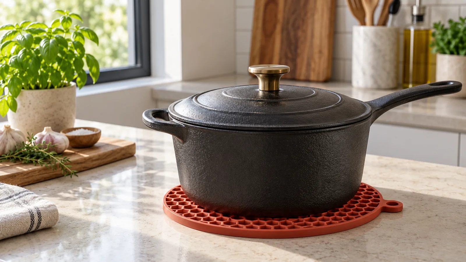 Terracotta silicone honeycomb trivet supporting a cast iron saucepan on a stone kitchen counter
