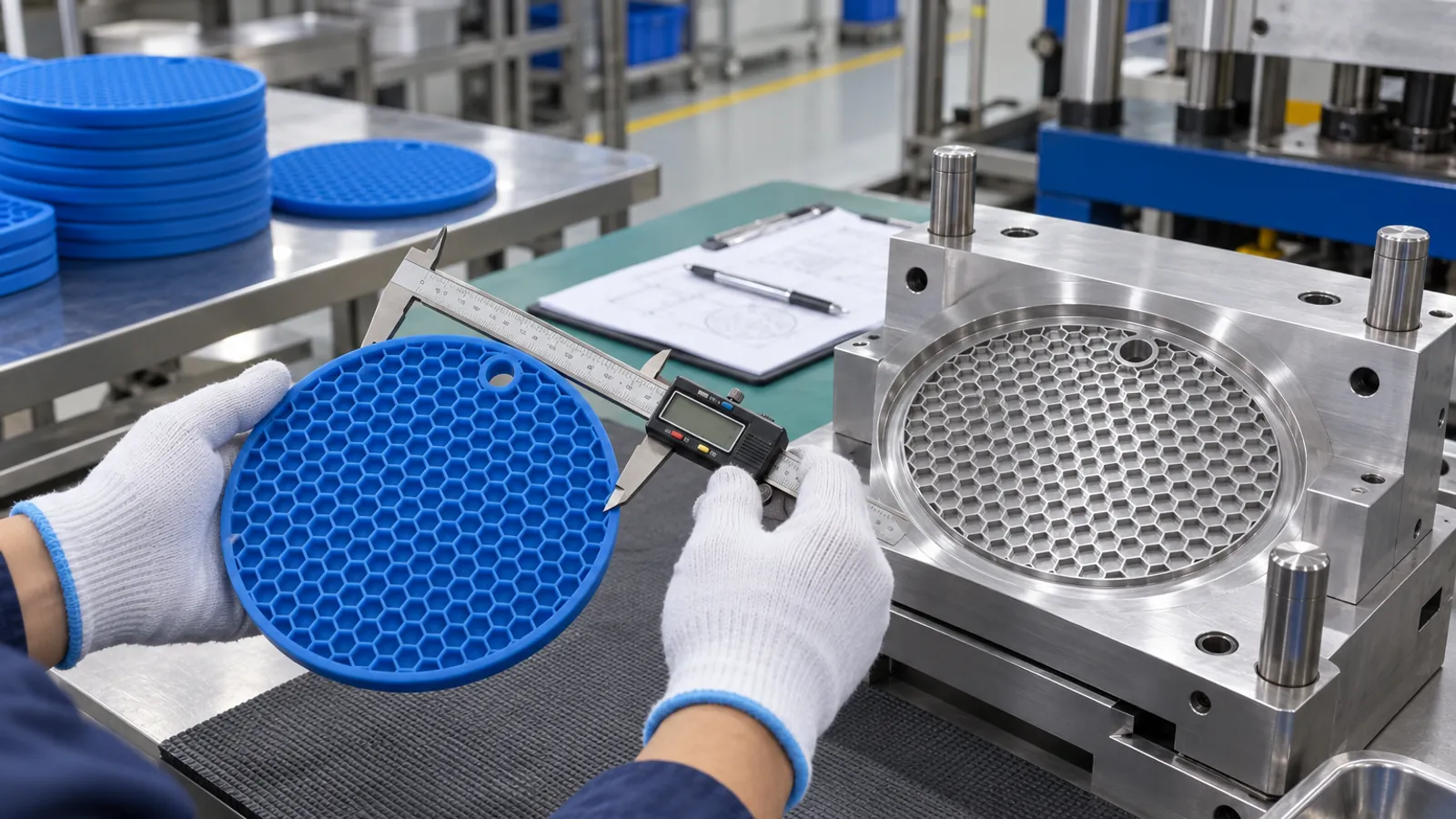 Honeycomb DFM and Tooling Review Engineer measuring a blue silicone honeycomb trivet beside a precision compression mold insert