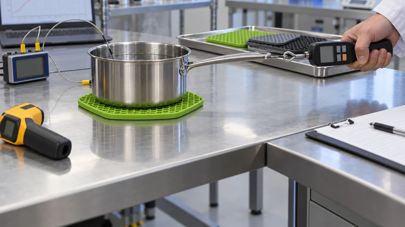 Heat and Grip Validation Technician checking cookware stability and temperature separation on a green silicone honeycomb trivet