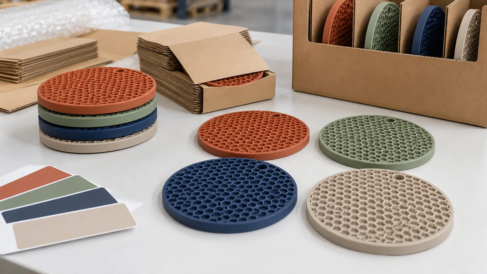 Color Range and Private-Label Pack-Out Four silicone honeycomb trivets in muted colors prepared with kraft sleeves and export carton dividers