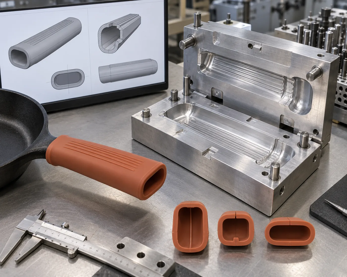 Silicone pan handle sleeve next to a compression mold cavity and an unbranded cross-section geometry study