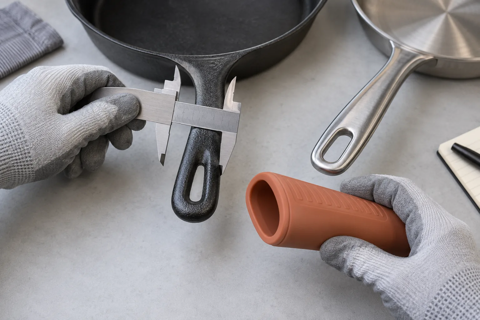 Terracotta silicone pan handle sleeves arranged with a blank kraft carton and unprinted color reference card