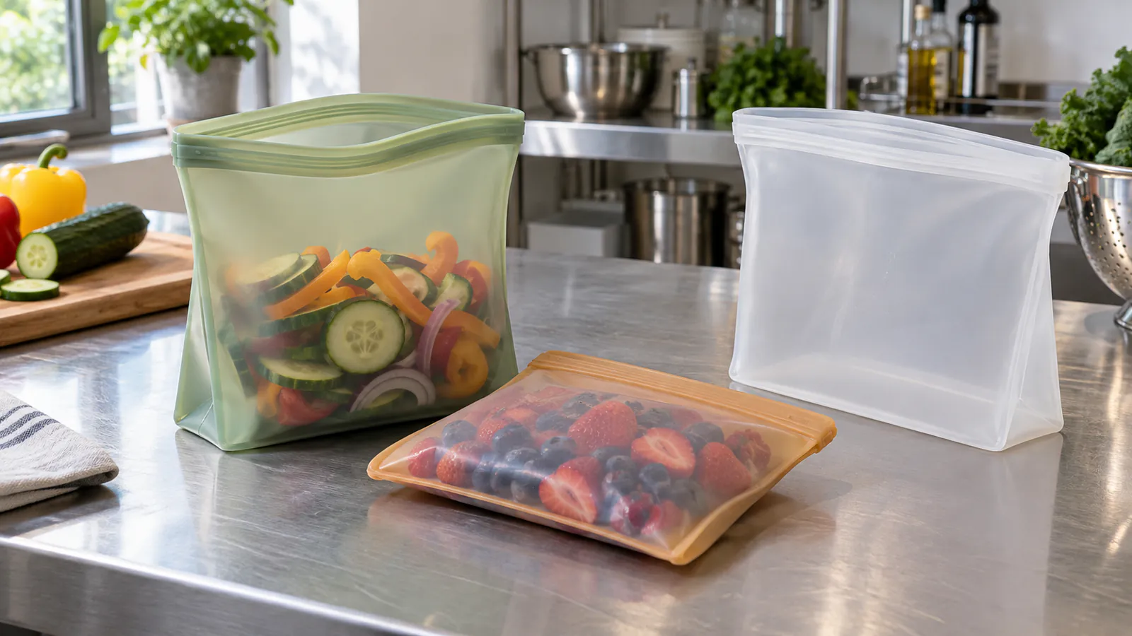 Three reusable silicone food storage bags in different sizes on a working kitchen counter