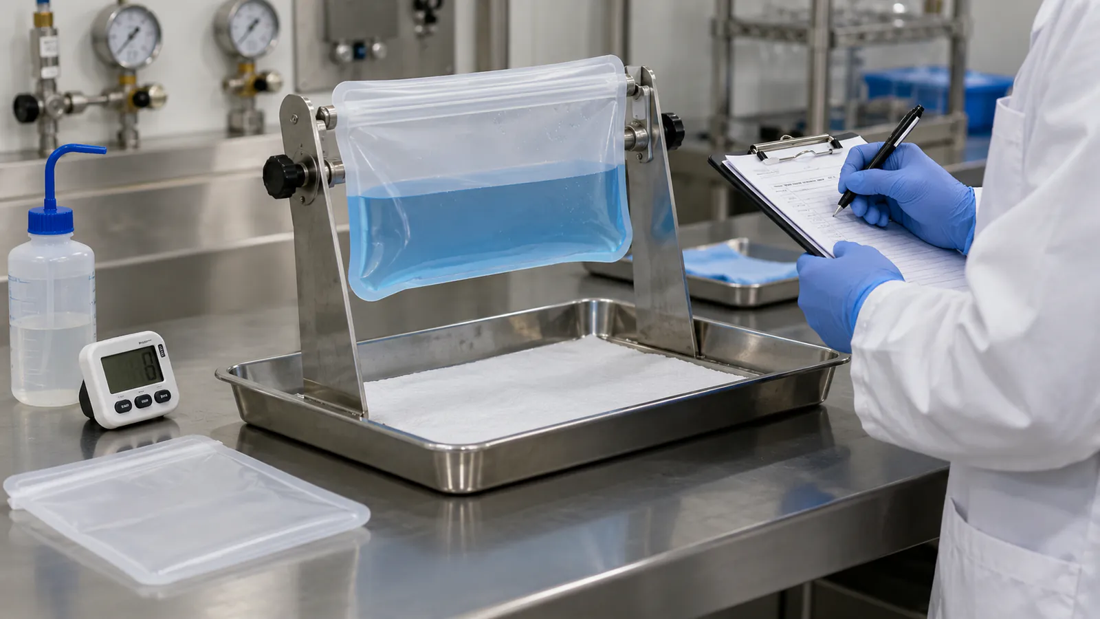 Technician evaluating a water-filled silicone storage bag in a controlled tilt fixture