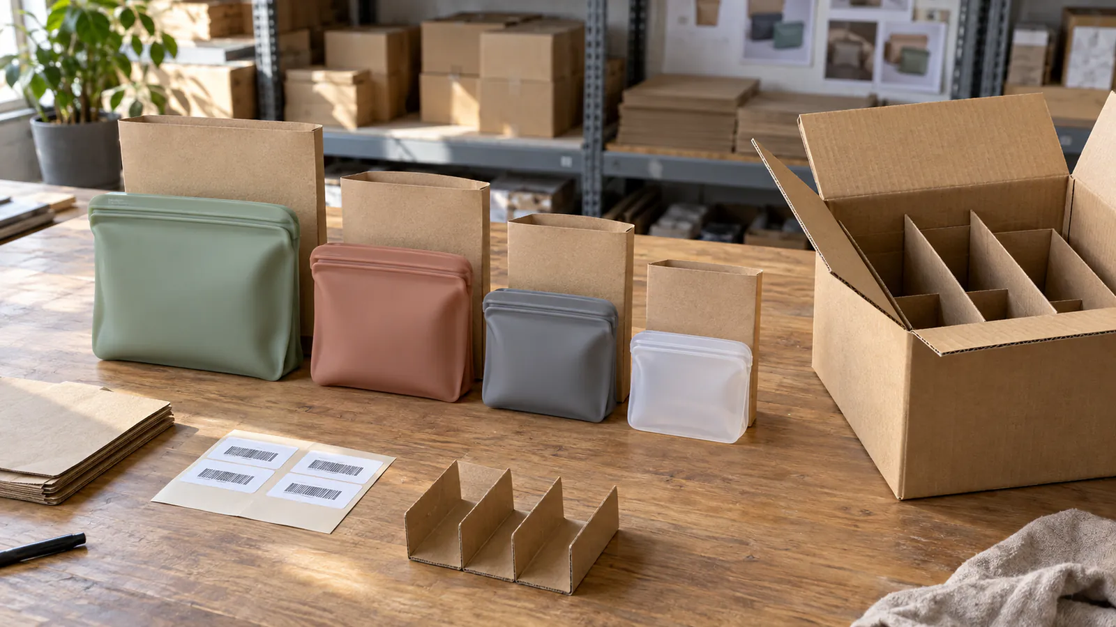 Four silicone food storage bag sizes with kraft sleeves and divided export carton